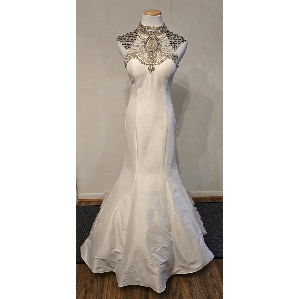 Rachel Allan White Embellished Prom Pageant Wedding Gown